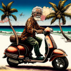 Elderly man with glasses rides scooter on tropical beach