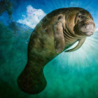 Graceful manatee swimming underwater with sunbeams highlighting its gentle face