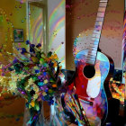 Guitar resting on white table with flowers and autumn leaves