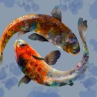 Vibrant yin-yang koi fish digital artwork with floral patterns