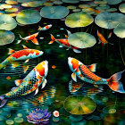 Vibrant koi fish among lily pads and flowers in serene pond