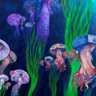 Colorful Jellyfish Artwork Among Seaweed in Deep-Blue Underwater Scene