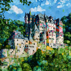 Whimsical castle painting with geometric design