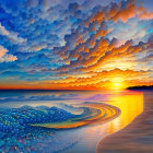 Colorful digital artwork: stylized sunset over ocean with patterned waves & clouds