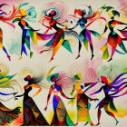 Vibrant abstract painting of dancing female figures in flowing dresses