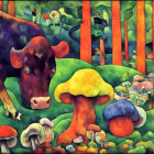 Vibrant cow and mushrooms in abstract painting on striped backdrop