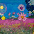 Colorful Flowers in Mystical Sky with Celestial Objects