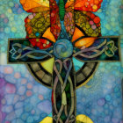 Colorful Butterfly and Celtic Cross in Stained Glass Style