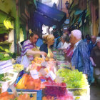 Vibrant watercolor painting of a bustling market scene