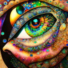 Colorful Psychedelic Digital Artwork with Abstract Face and Detailed Patterns