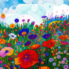 Colorful Flower Field Painting Under Blue Sky and Clouds