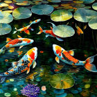 Vibrant koi fish and lily pads in dark pond with reflections