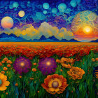 Colorful Landscape with Diverse Flowers and Whimsical Sky