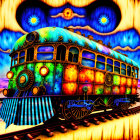 Colorful Psychedelic Train Illustration with Swirling Skies and Abstract Landscape