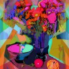 Colorful Abstract Painting: Pink and Orange Flowers in Blue Vase