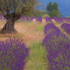 Colorful landscape with twisting trees, purple flora, stream, and dramatic clouds