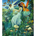 Whimsical painting of two fairies in lush forest