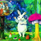 Whimsical watercolor of rabbits in a forest with mushrooms and fishbowl