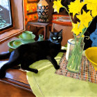 Colorful Stylized Image: Black Cat on Patterned Tablecloth