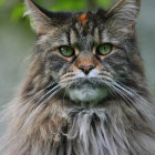 Cat portrait with green eyes, collar, leaf, and blue background