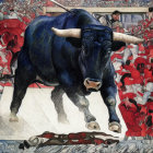 Vibrant abstract bull painting in red, blue, white, and yellow