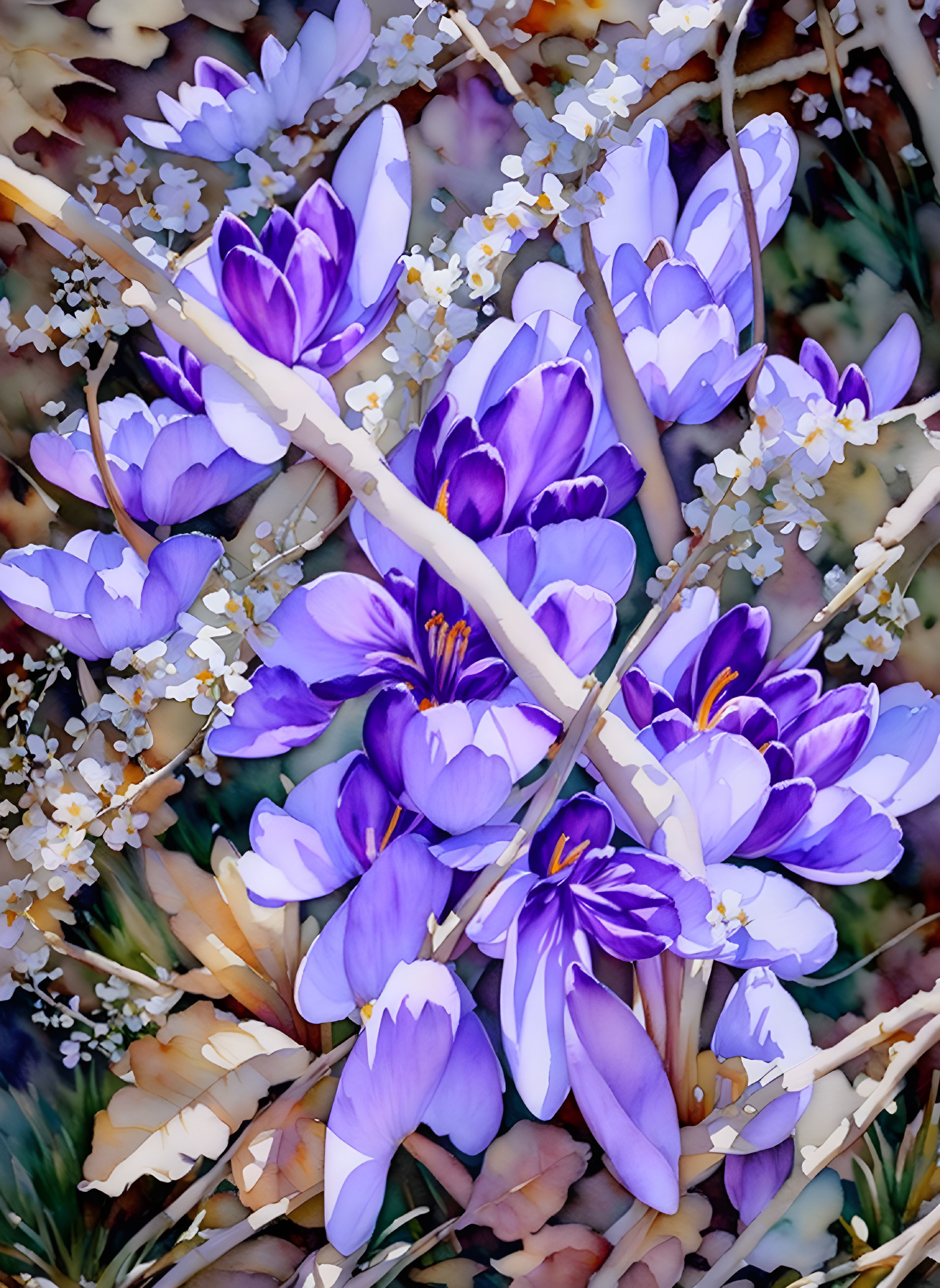 Purple Crocus Flowers Blooming Among White Blossoms