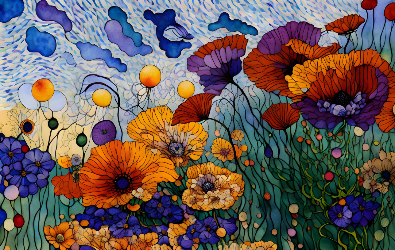 Colorful stained-glass style poppy field on blue backdrop