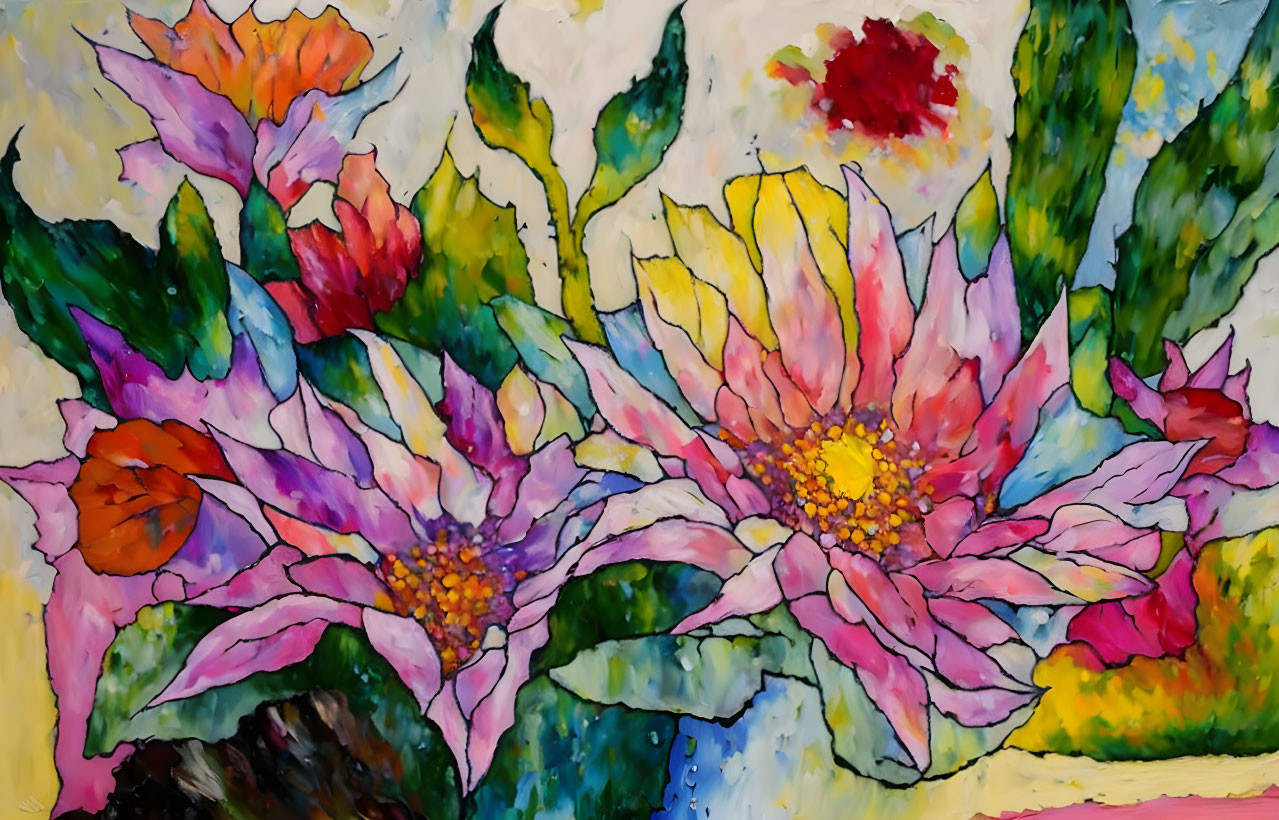 Vibrant abstract painting: Blooming flowers in pink, purple, orange, and yellow