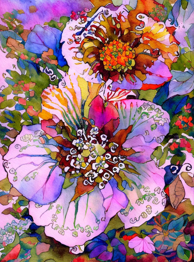 Colorful Watercolor Painting of Assorted Flowers in Purple, Orange, and Green