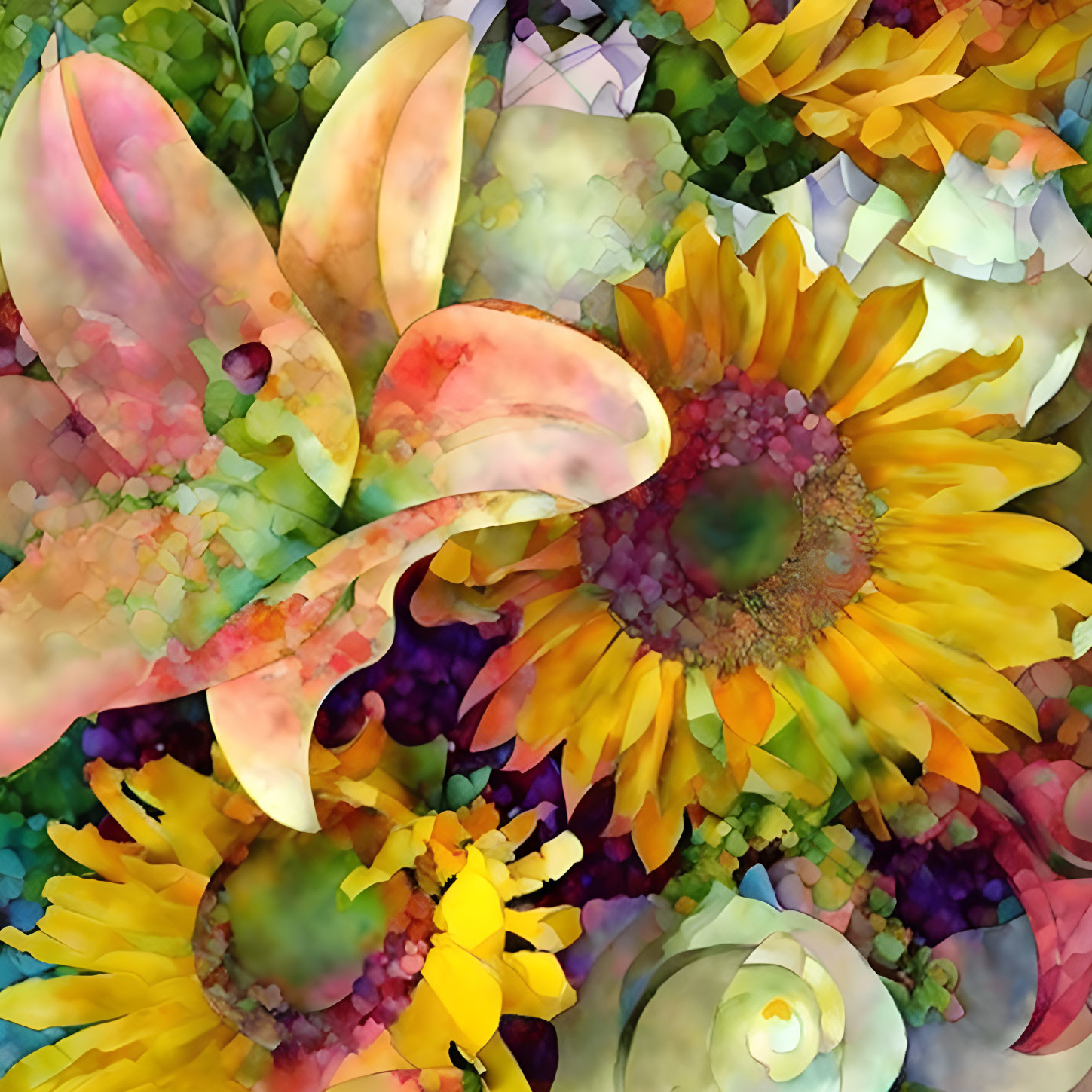 Colorful Abstract Floral Digital Artwork with Sunflowers and Mosaic Texture