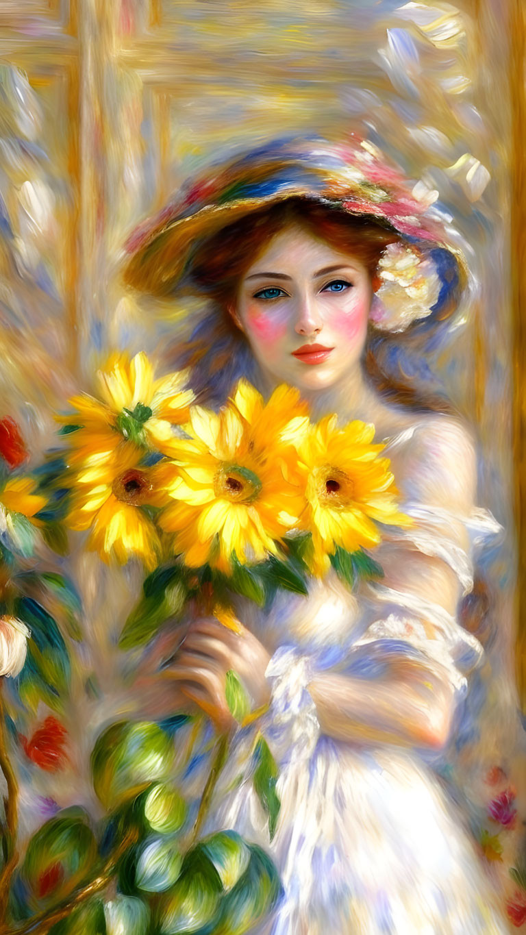 Woman with Floral Hat Holding Sunflowers in Vibrant Painting