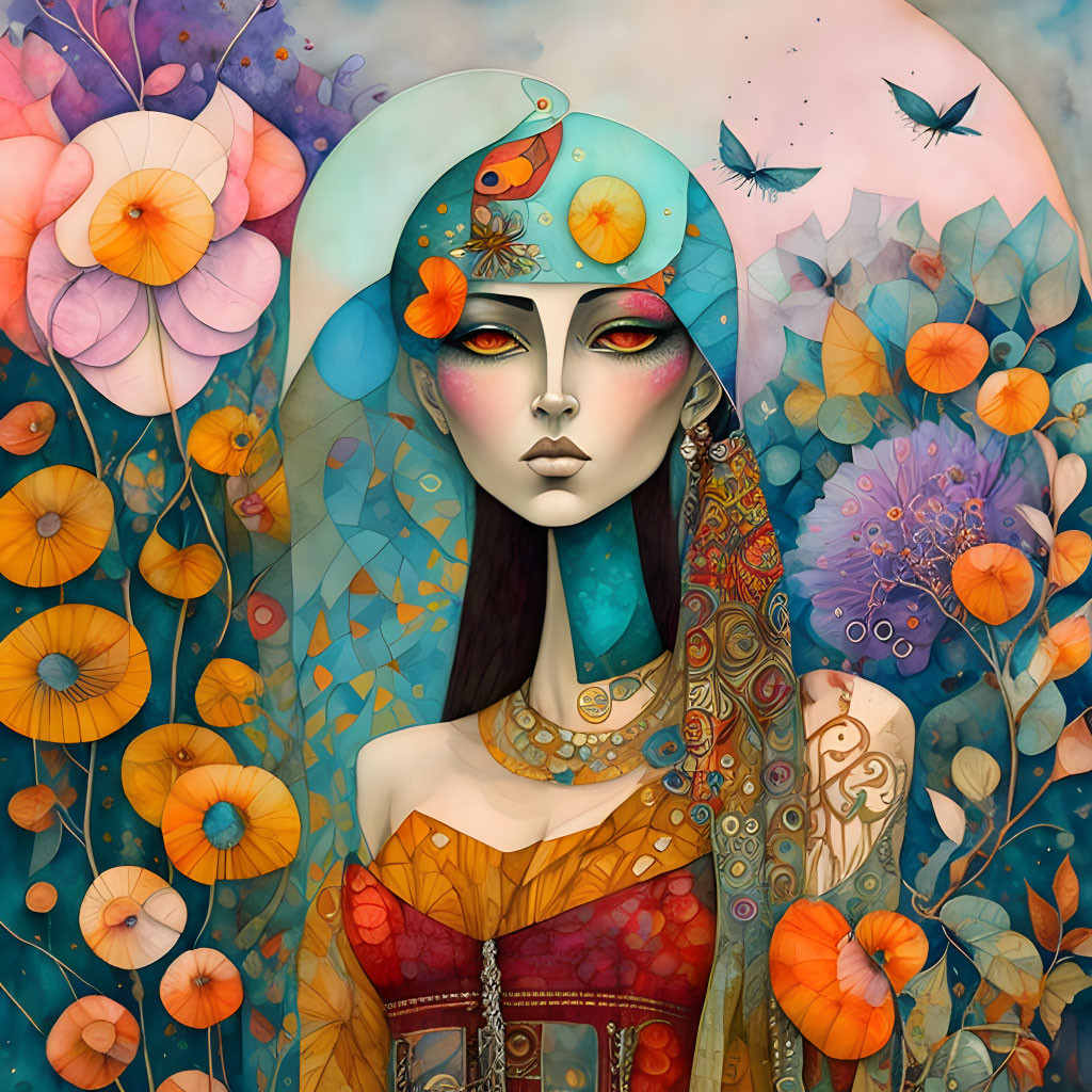 Colorful Woman Illustration Surrounded by Flowers and Birds