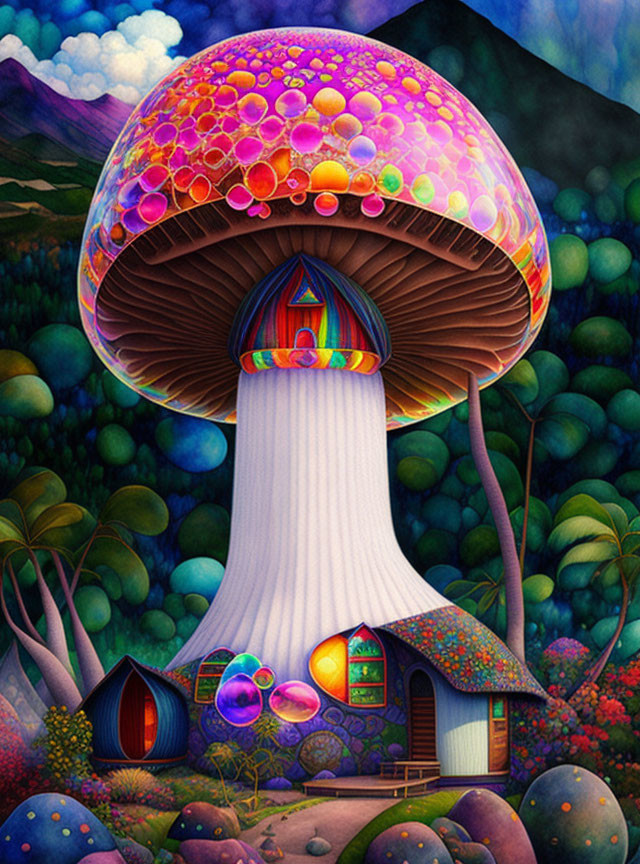 Colorful Mushroom House Painting in Whimsical Landscape