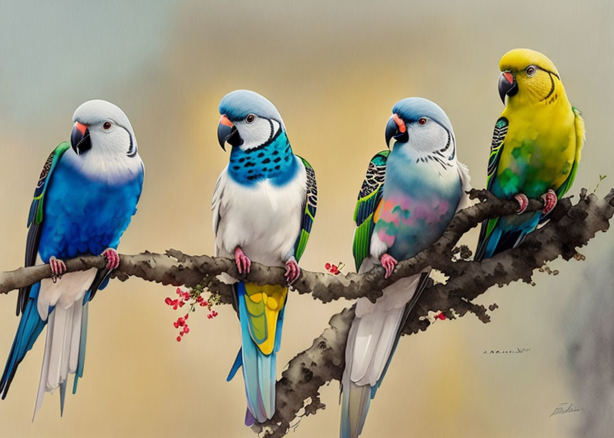 Vivid Blue, White, and Yellow Parakeets on Branch with Pink Buds