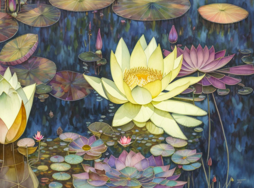 Vibrant water lilies painting with yellow and white bloom on blue water