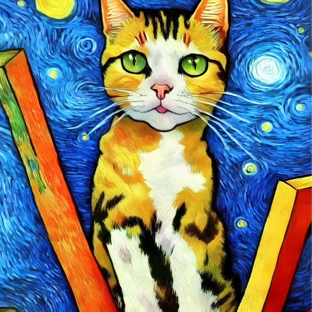 Whimsical cat art with Van Gogh-inspired swirls