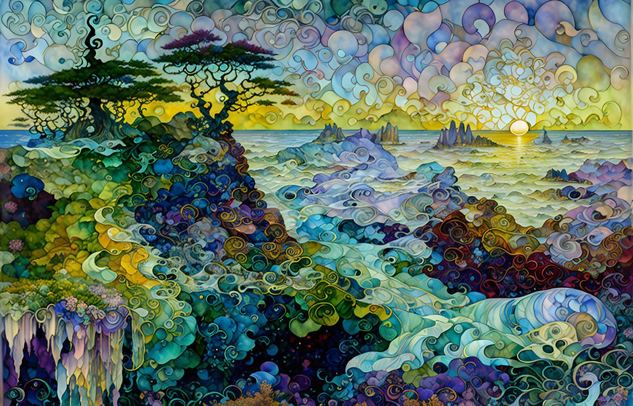 Colorful seascape painting with swirling waves, cliffs, trees, and setting sun