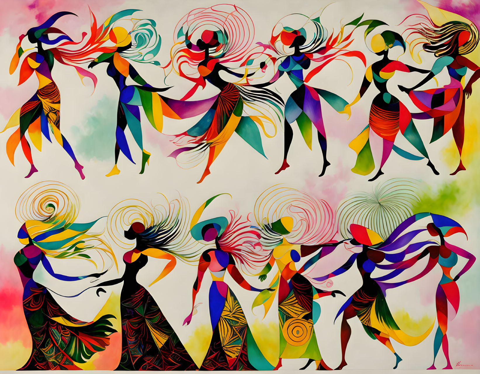 Vibrant abstract painting of dancing female figures in flowing dresses