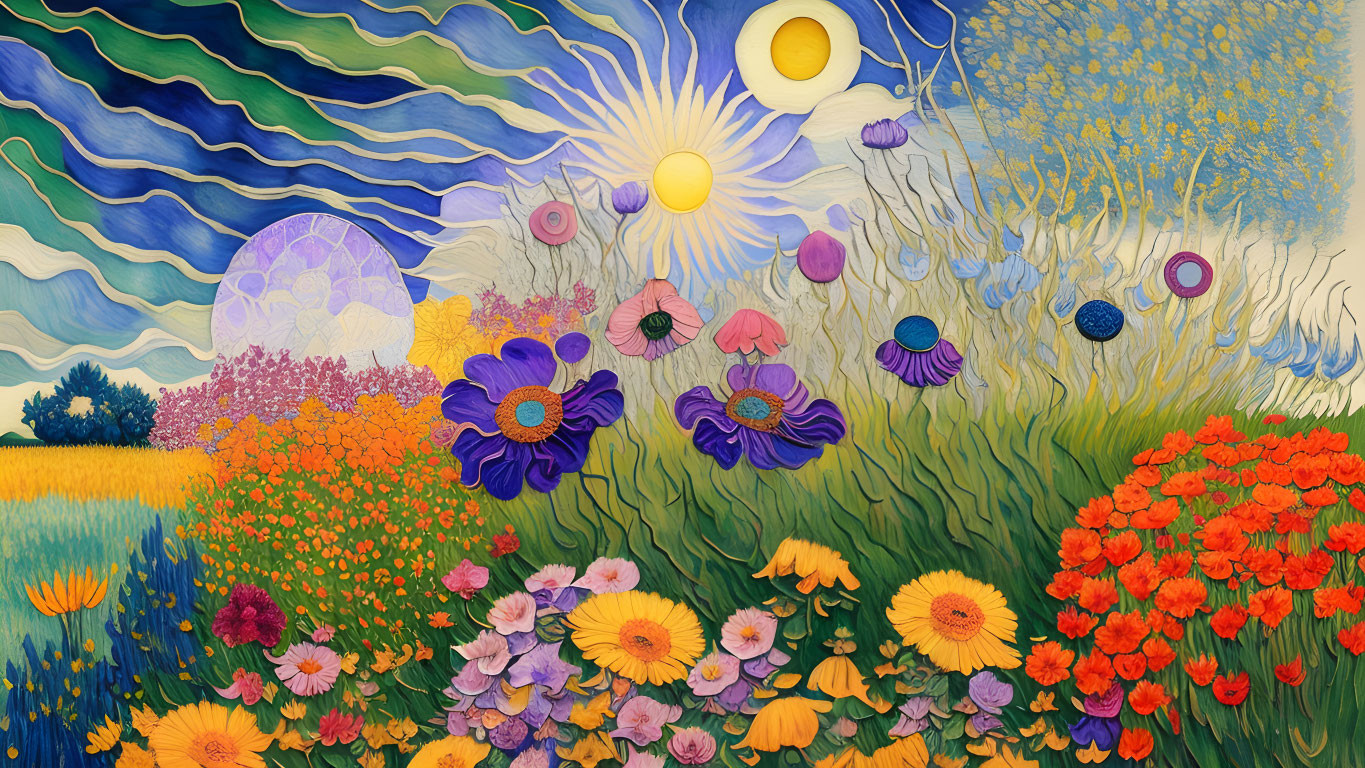 Colorful painting of flowers in a whimsical field with multiple suns and moons