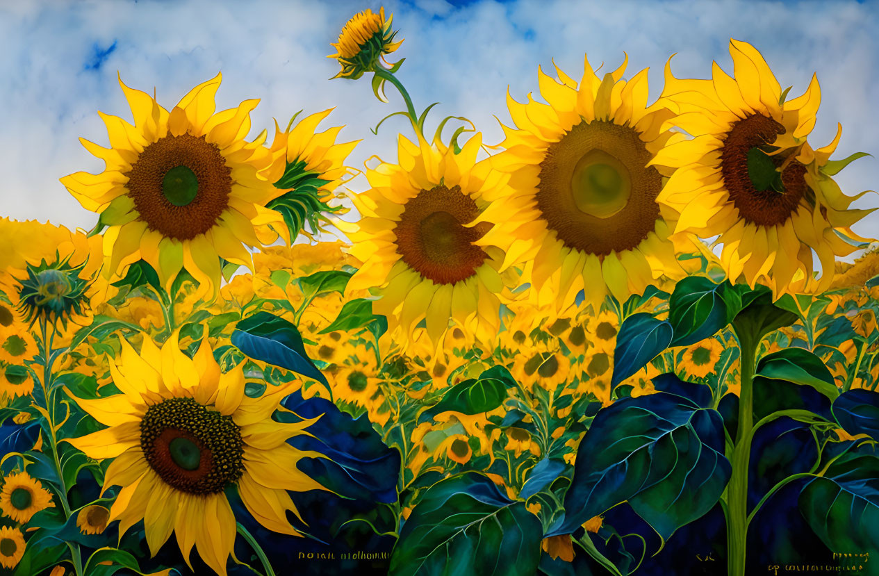 Bright sunflower field under blue sky with fluffy clouds