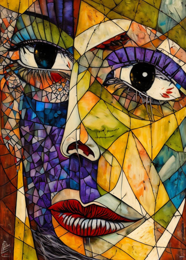 Vibrant mosaic-style painting of a fragmented face in abstract cubist design