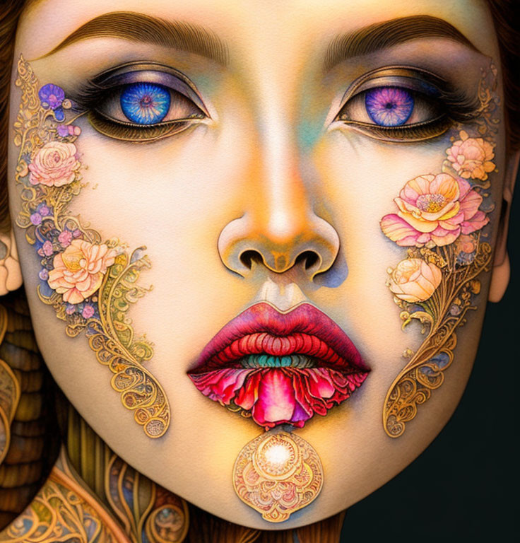 Detailed artistic representation of woman's face with intricate designs and vibrant flowers.