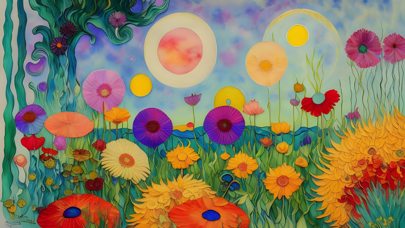 Vibrant surreal artwork: flowers, pastel sky, two suns, blue tree