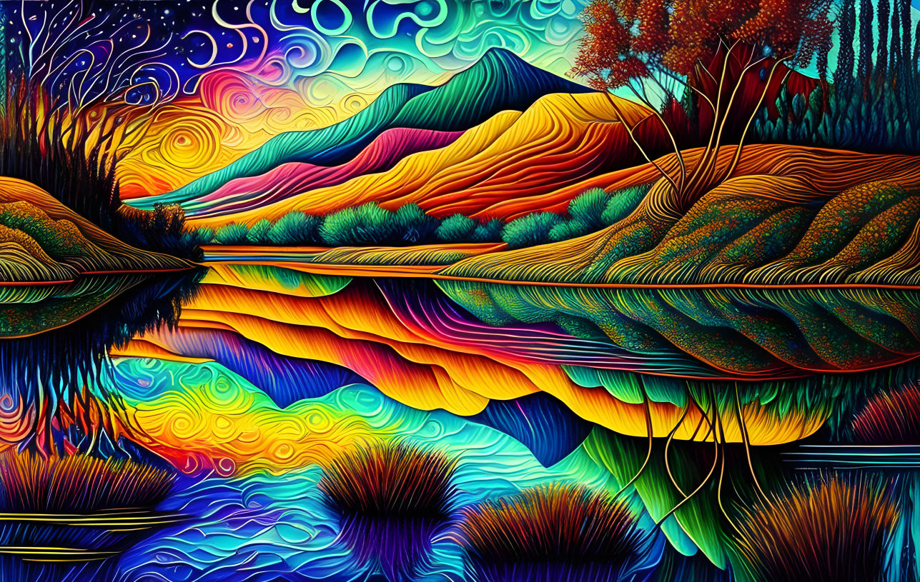 Colorful Psychedelic Landscape with Hills, Mountains, and Swirling Sky