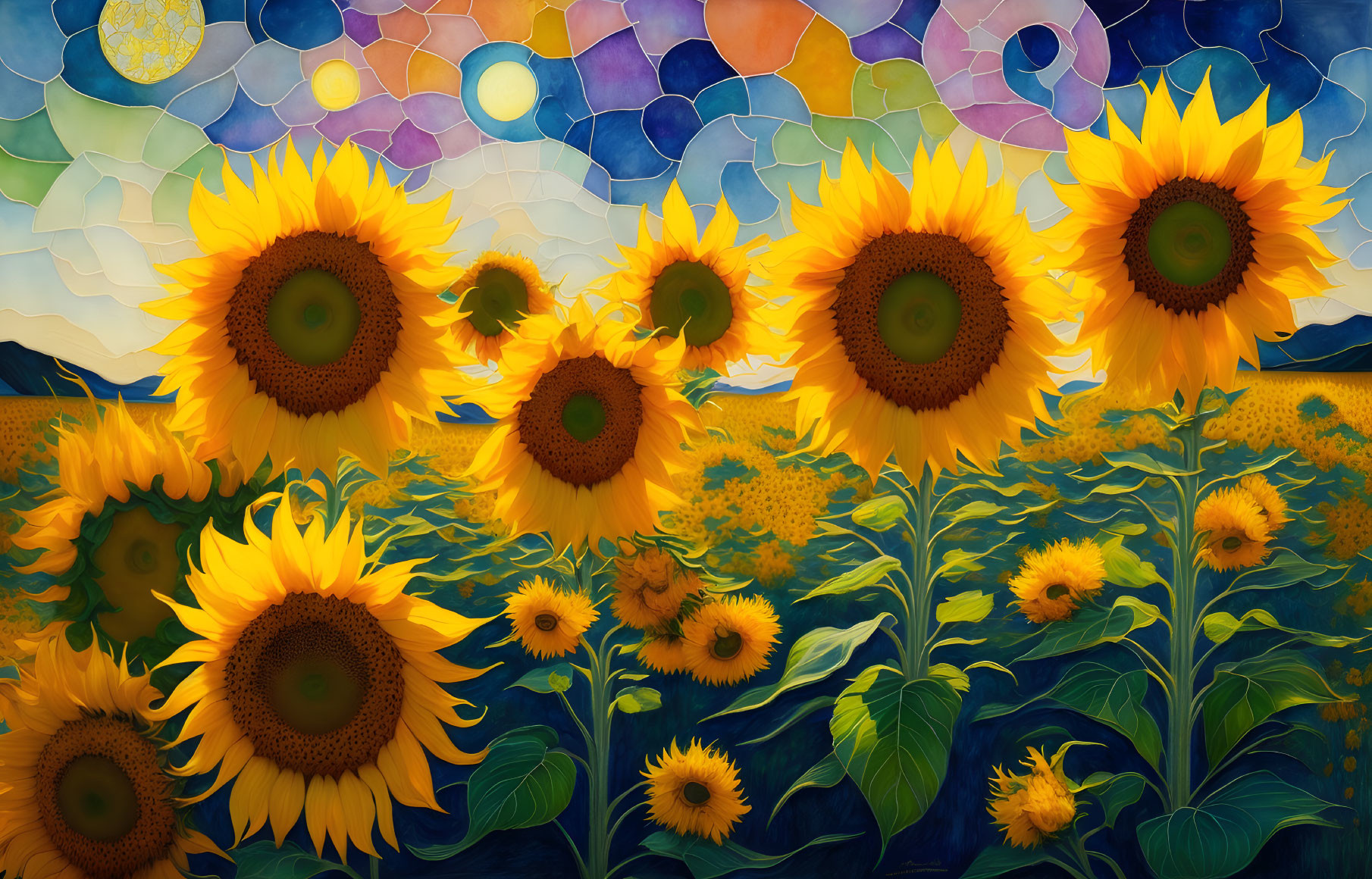 Vibrant sunflowers in front of mosaic backdrop with mountains and sun