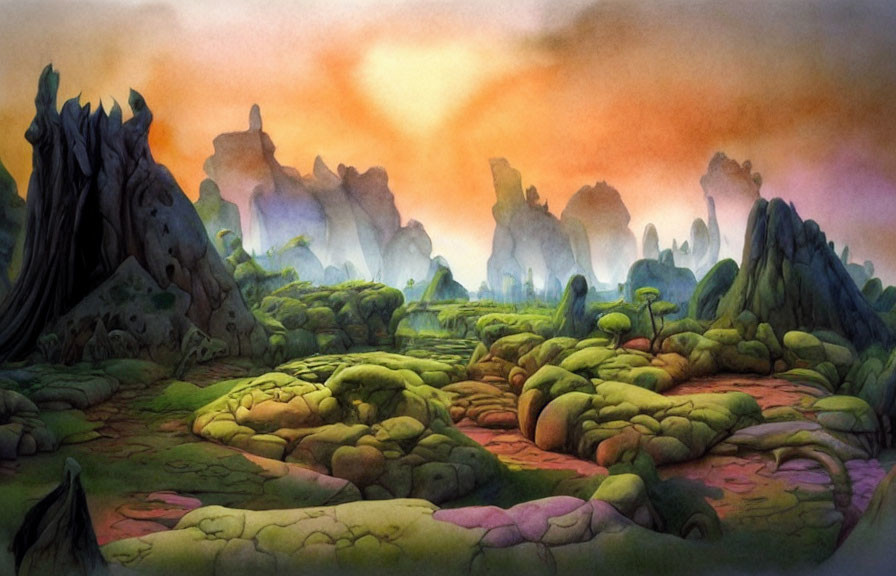 Colorful landscape with mossy rocks, sparse trees, and warm hazy sky.