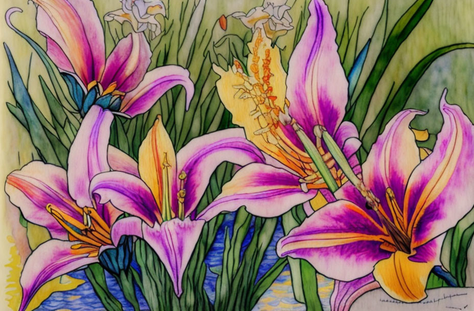 Colorful Watercolor Painting of Assorted Lilies with Prominent Stamens