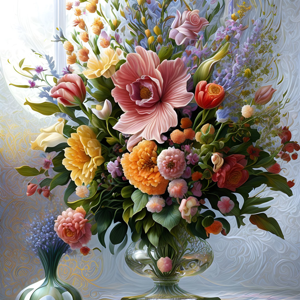 Detailed Still-Life Painting of Lush Bouquet in Glass Vase