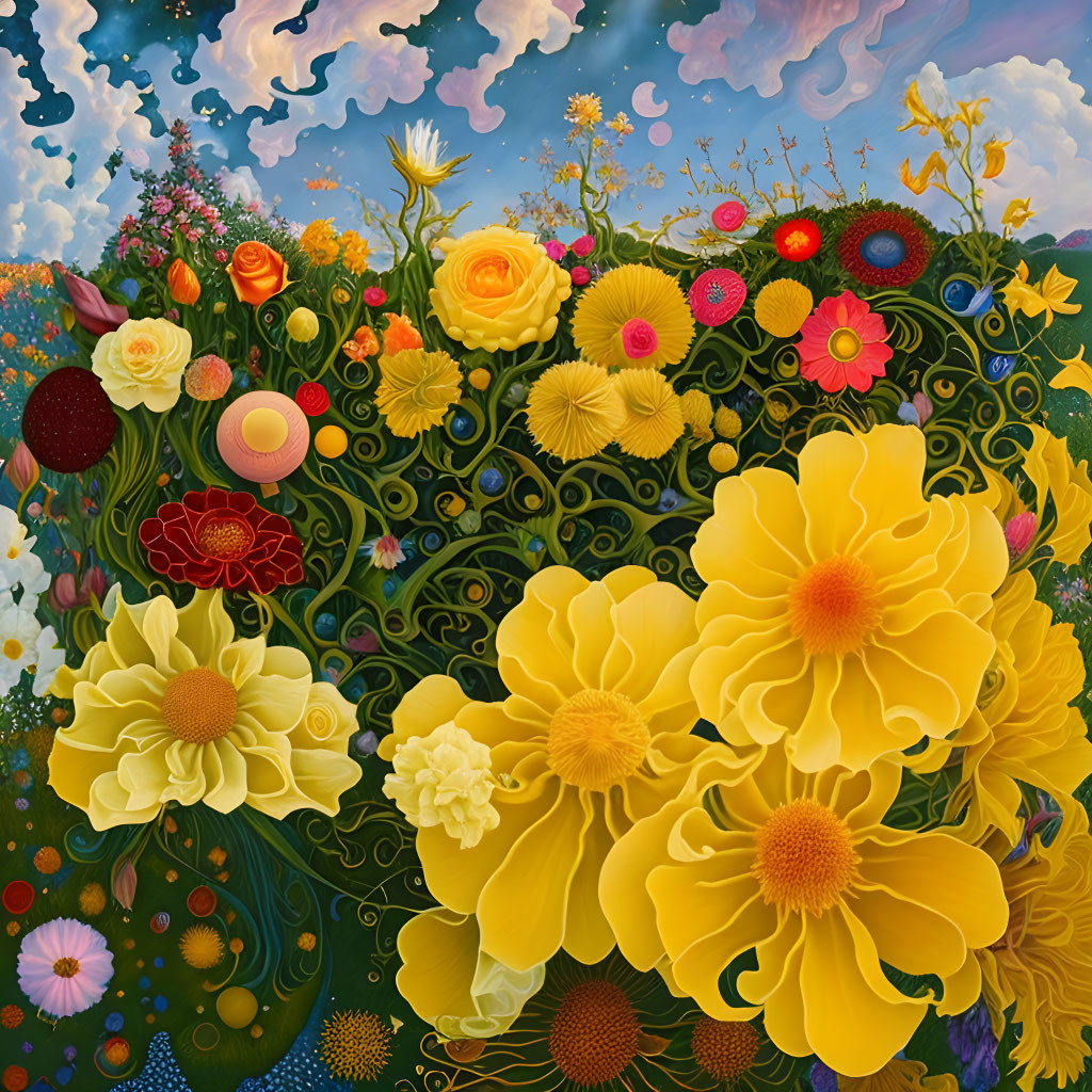 Colorful Flowers Painting Against Whimsical Blue Sky Background