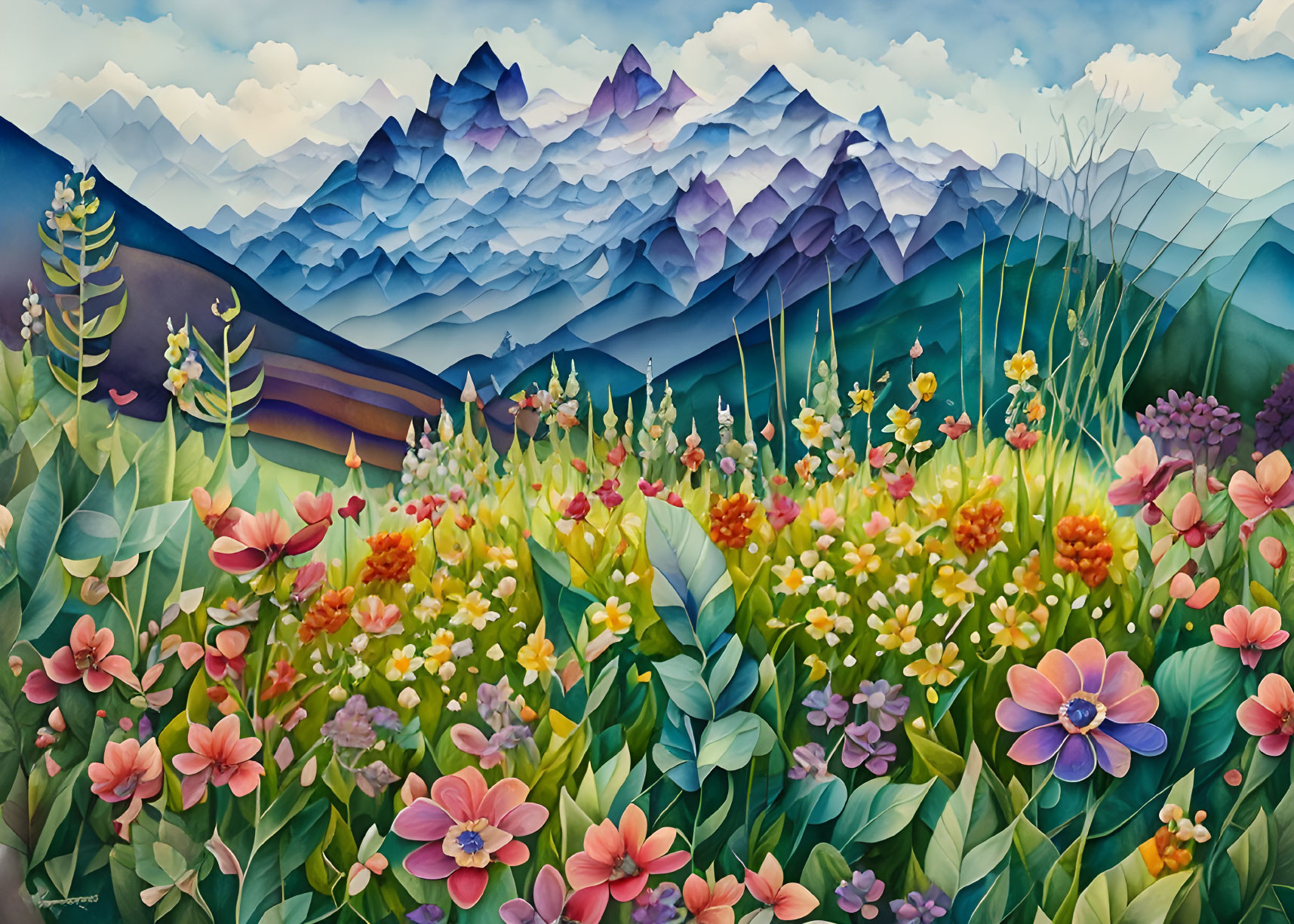 Colorful mountain landscape with wildflowers and blue sky